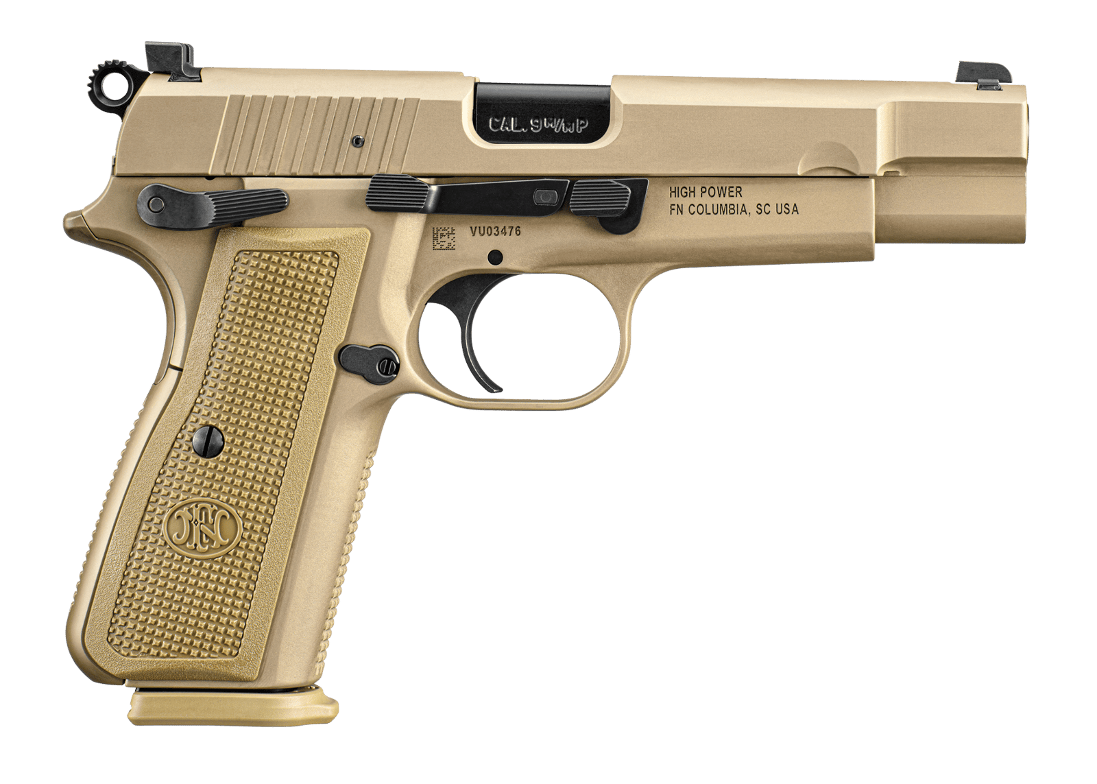 FN 66101069 High Power  9mm Luger 17+1, 4.70" Black Target Crown Steel Barrel, Flat Dark Earth PVD Serrated Steel Slide & Steel Frame w/Beavertail, FDE Textured Polymer Grip, Ambidextrous