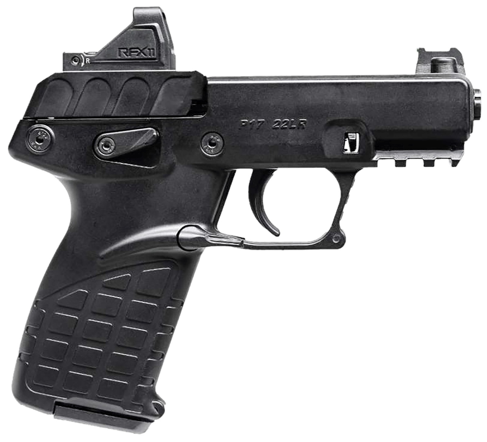Kel-Tec P17BBLKOPTIC P17  Compact Frame 22 LR 16+1 3.80" Black Steel Barrel, Black Serrated Steel Slide, Black Polymer Frame w/Picatinny Rail, Textured Grip, Viridian RFX-11 Green Dot, Ambidextrous