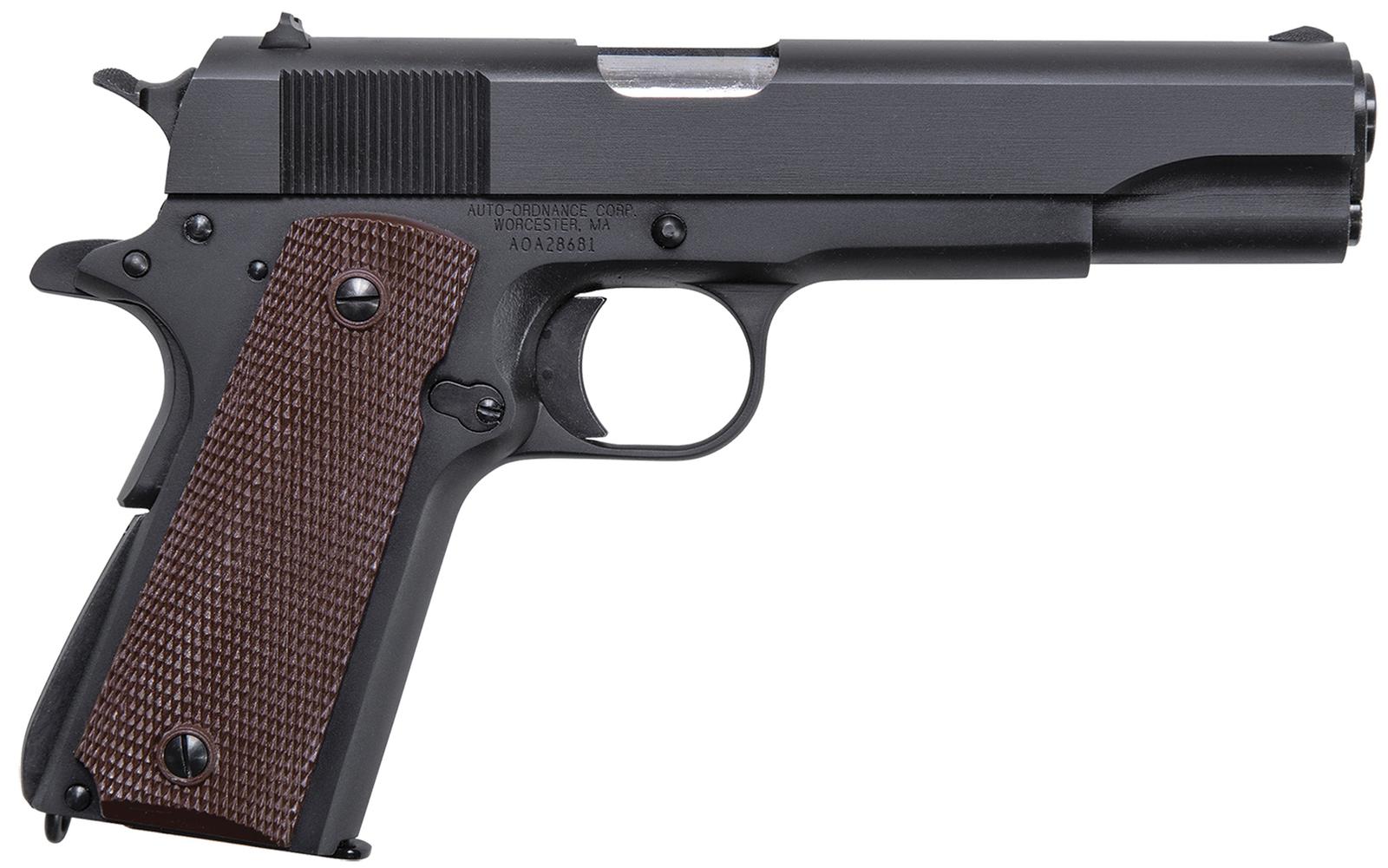 Auto-Ordnance 1911BKO 1911  45 ACP  5" Barrel 7+1, Matte Black Carbon Steel Frame, Serrated Slide, Checkered Brown Polymer Grip, Manual Safety