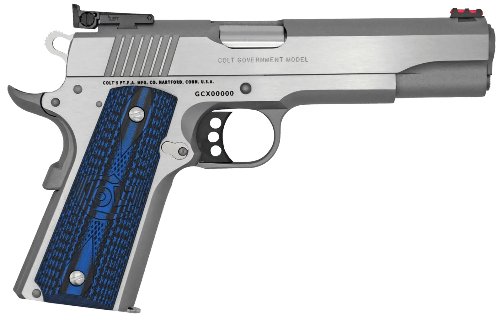 Colt Mfg O5073GCL Gold Cup Lite  38 Super 8+1 5" Stainless National Match Barrel, Stainless Steel Serrated Slide, Stainless Steel Frame w/Beavertail, Blue Scalloped G10 Grip, Ambidextrous