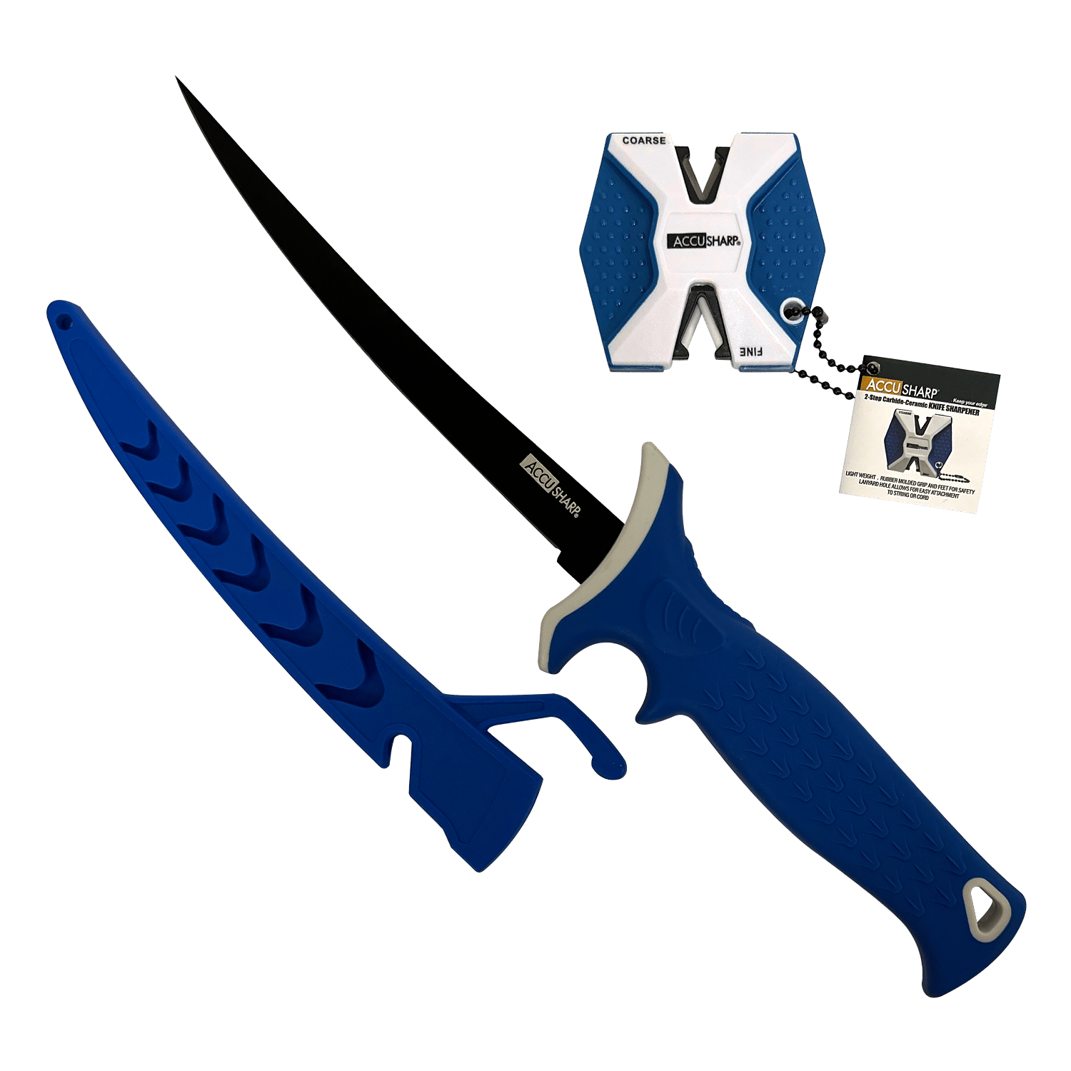 AccuSharp 736C Fillet w/Sharpener  6.50" Fixed Fillet Plain Satin Titanium Coated Stainless Steel Blade/Royal Blue Ergonomic Anti-Slip Rubber Handle Includes 2-Step Sharpener