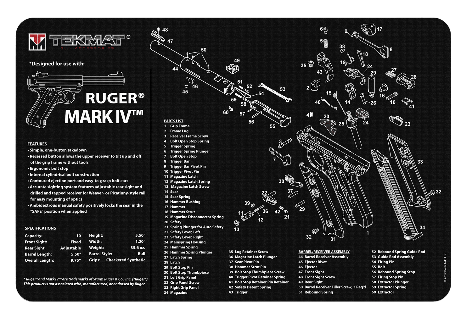 TekMat TEKR17RUGERMK4 Ruger Mark IV Cleaning Mat Black/White Rubber 11"x17" Ruger Mark IV Parts Diagram
