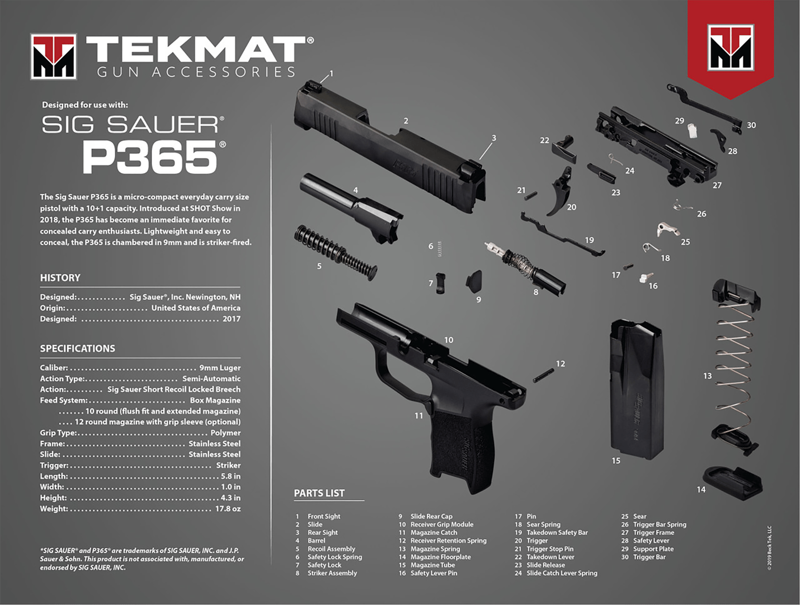 TekMat TEKR20SIGP365  Ultra 20 Cleaning Mat Multi-Color Rubber 15"x20" Sig P365 Parts Diagram