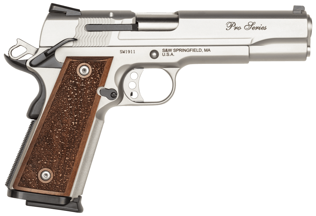 Smith & Wesson 178017 1911 Performance Center Pro  Full Size Frame 9mm Luger 10+1, 5" Stainless Steel Barrel, Matte Silver Serrated Stainless Steel Slide & Frame w/Beavertail, Wood Grip
