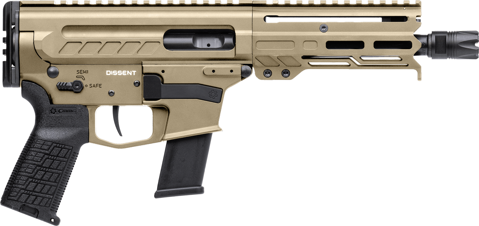 CMMG 45A4C0FCT Dissent MKG 45 ACP 13+1 6.50" Black Nitride Medium Taper Threaded Barrel, CMMG 5.5" M-LOK Handguards, Coyote Tan Cerakote Aluminum Picatinny Rail Receiver, CMMG Zeroed Grips