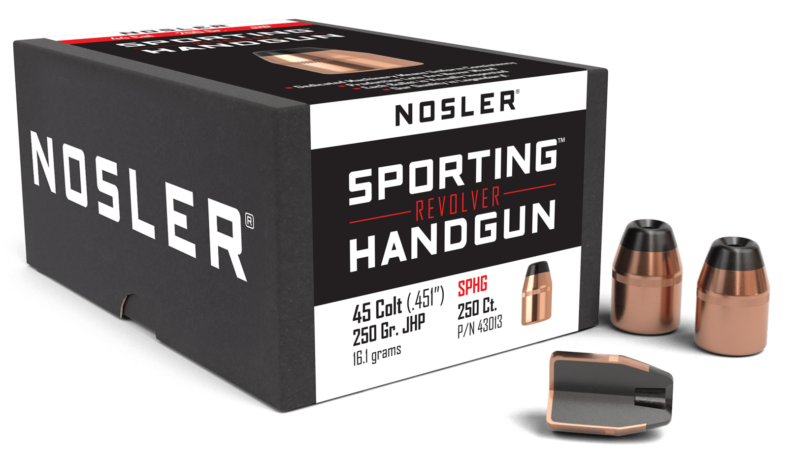 Nosler 43013 Sporting Handgun  45Colt 250gr Jacketed Hollow Point 100/Box