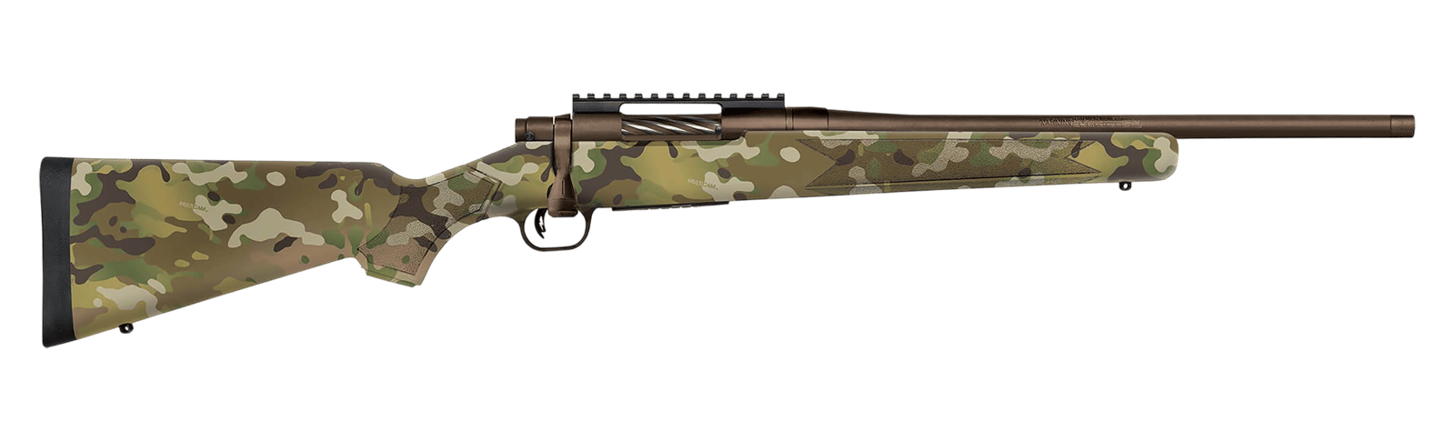 Mossberg 28279 Patriot  Compact 450 Bushmaster 4+1 18" Patriot Brown Cerakote Threaded Bull Barrel, Patriot Brown Cerakote Steel Receiver w/Picatinny Rail, MultiCam Fixed Synthetic Stock