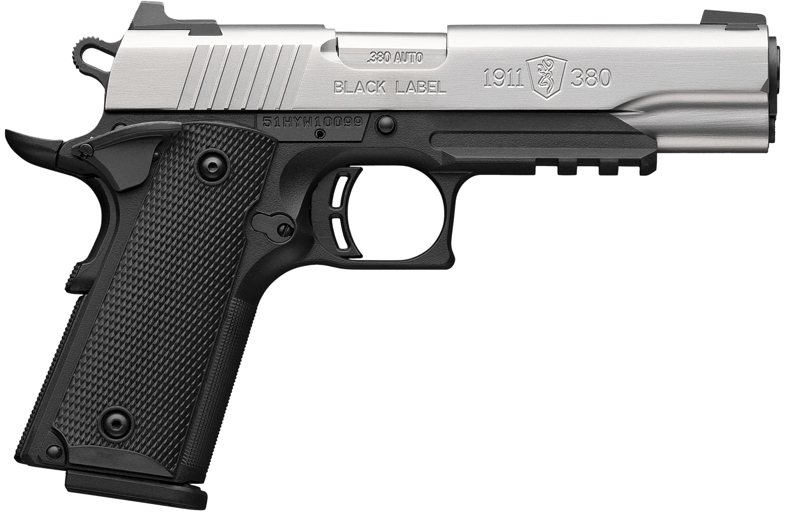 Browning 051120492 1911 Black Label Full Size Frame 380 ACP 8+1 4.25" Stainless Steel Barrel, Satin Stainless Serrated Slide, Matte Black Polymer Frame w/Picatinny Rail, Black Polymer Grip