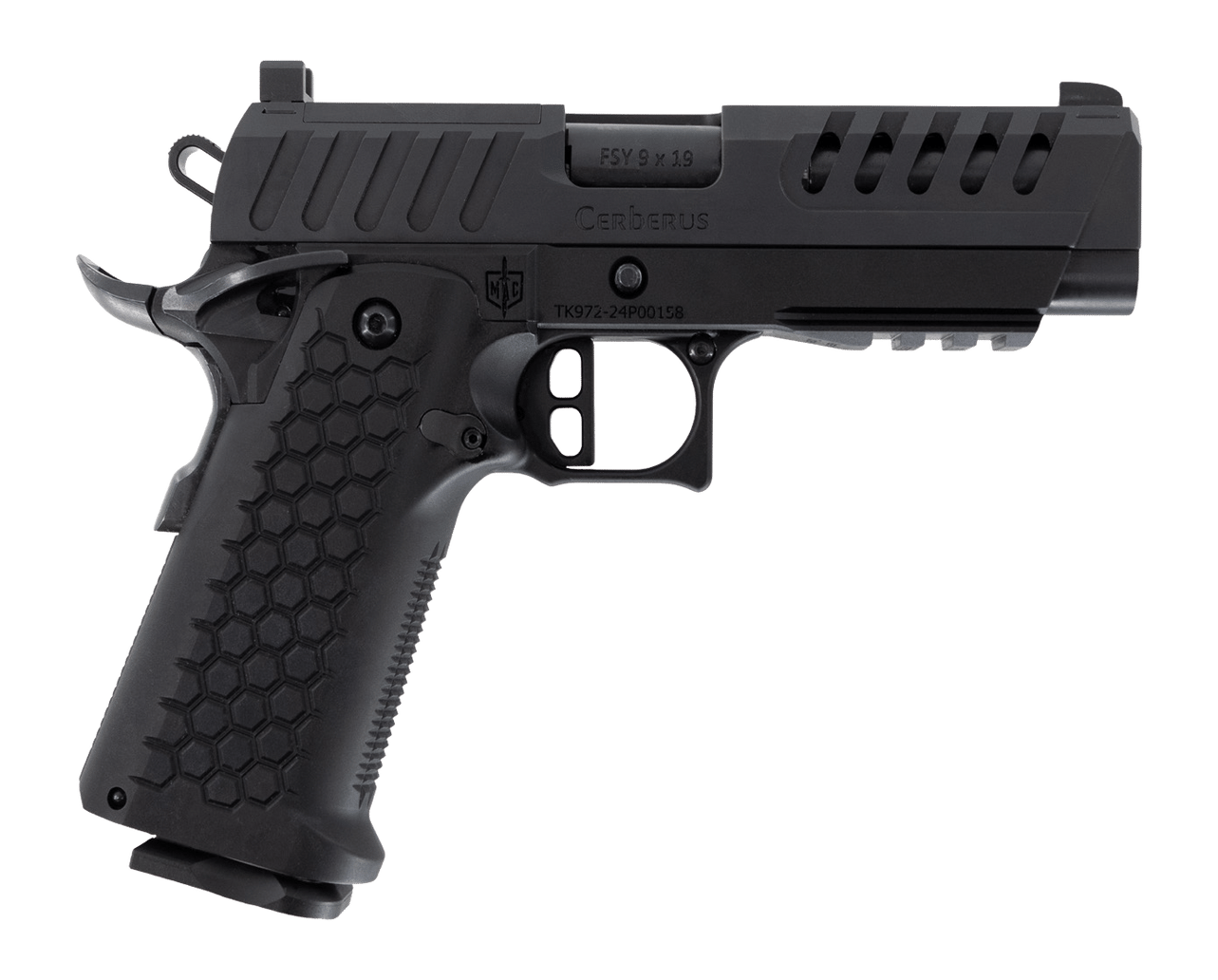 MAC 12500033 Cerberus  9mm Luger 17+1 4.40" Bull w/Target Crown Barrel, QPQ Tenifer Cerakote Optic Cut/Ported/Serrated Slide, Aluminum Grip, RMR Footprint