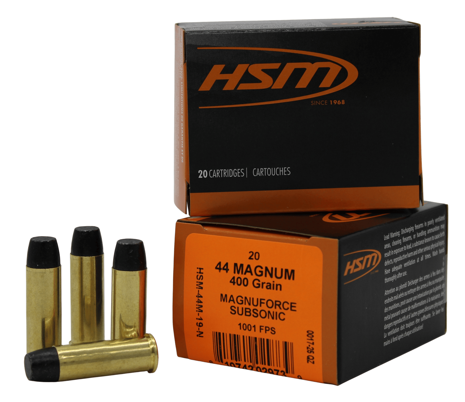 HSM 44M19N   44RemMag Subsonic 400gr Hard Cast Long Flat Nose 20 Per Box/20 Case