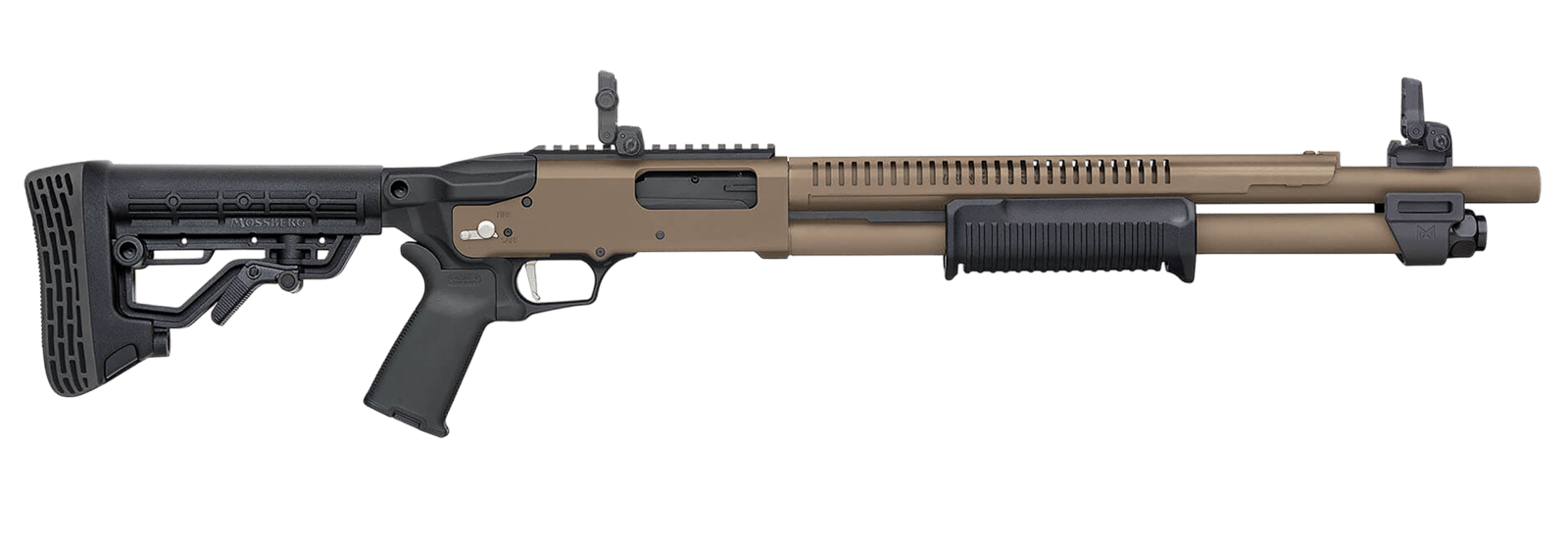Mossberg 50758 590R  12 Gauge Pump 3" 6+1 18.50" Flat Dark Earth Cerakote Heat Shield Barrel, Flat Dark Earth Cerakote Steel Receiver, Black AR Mil-Spec Adjustable Synthetic Stock, Black Magpul Grip