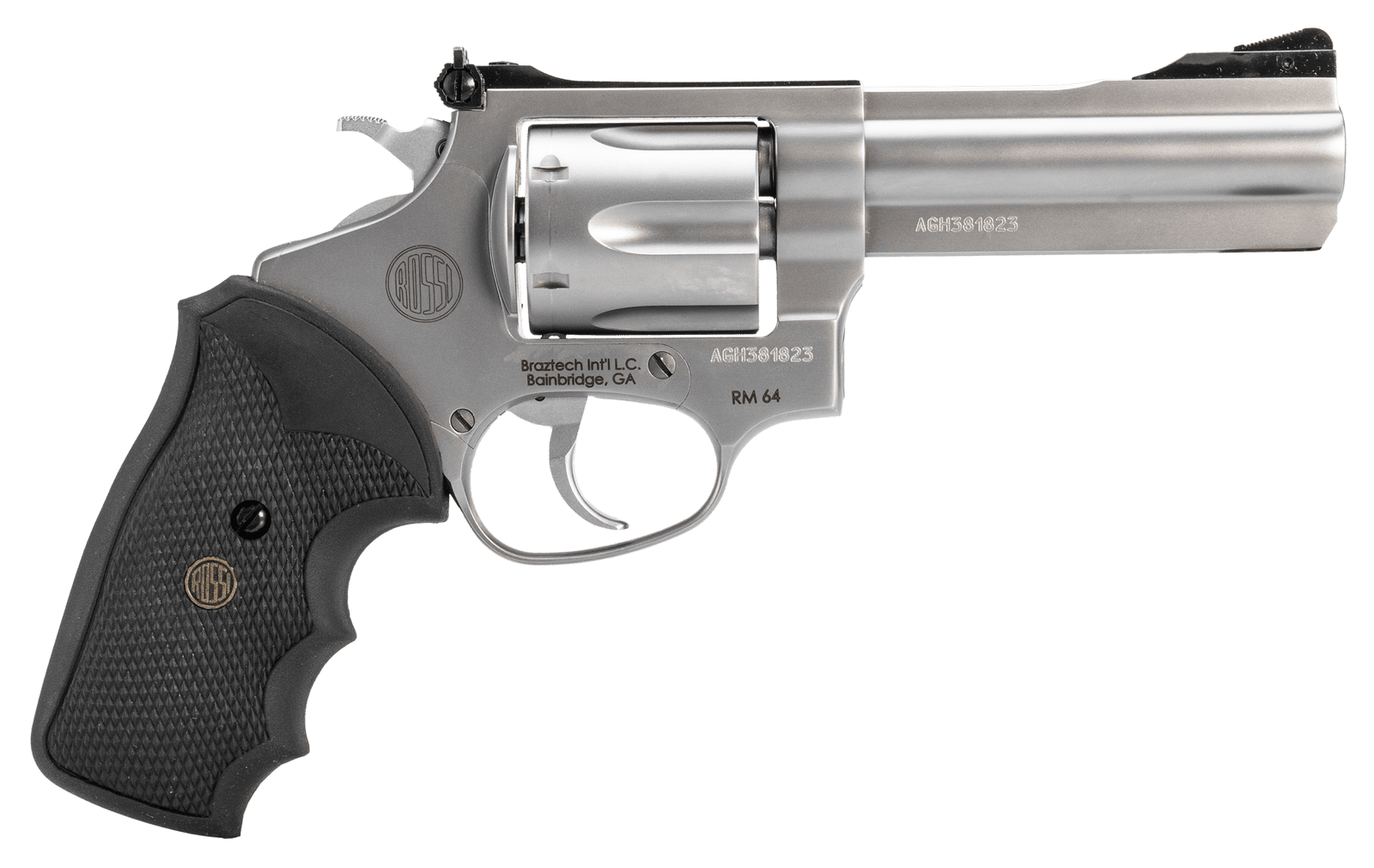 Rossi 2RM649 RM64  357 Mag 6 Shot 4" Matte Stainless Steel Barrel, Cylinder & Frame Textured Black Rubber Grip