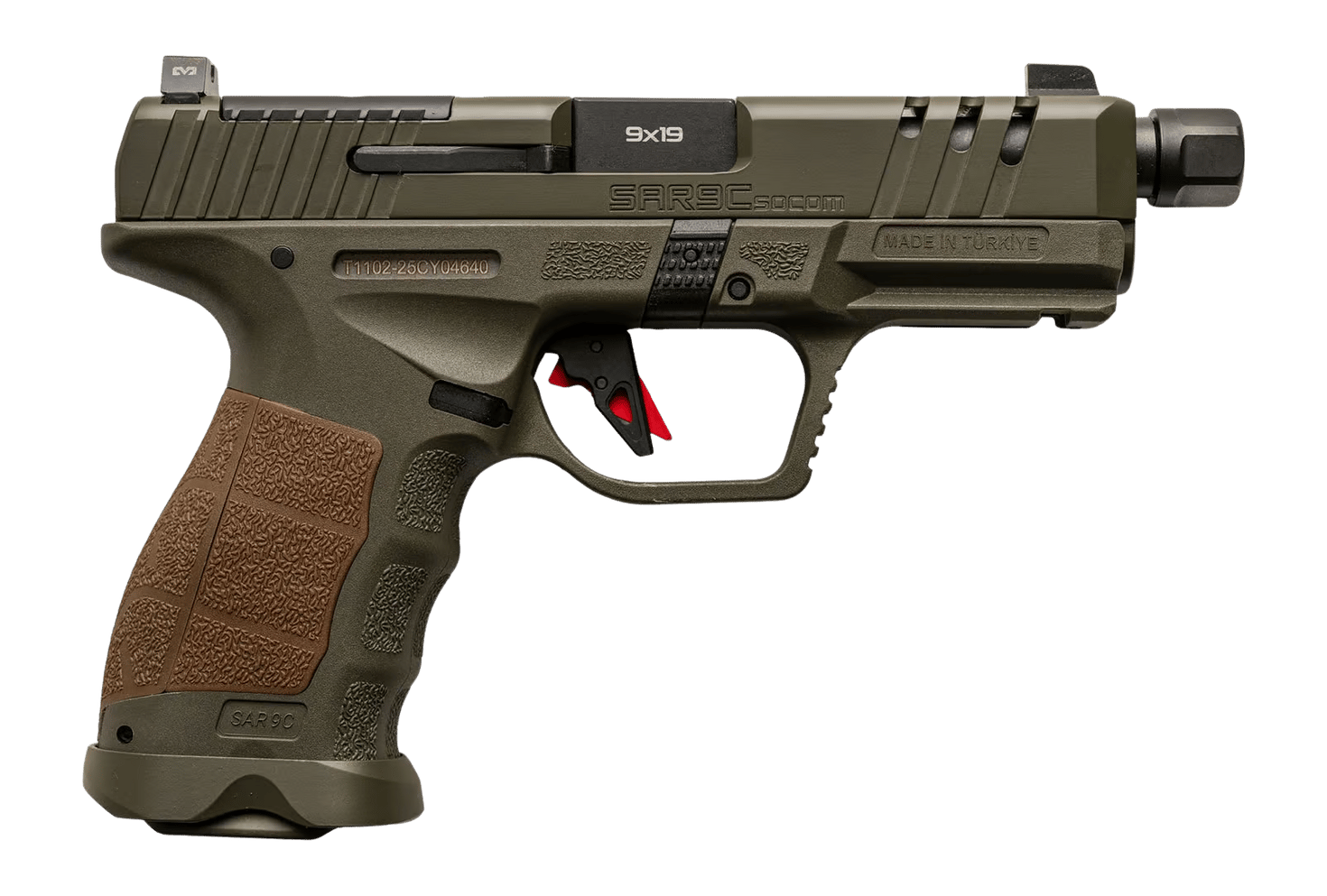 Sarsilmaz SAR9CSOCOMOD10 SAR9 SOCOM Compact 9mm Luger 10+1 4.70" Black Threaded Barrel, OD Green Steel Optic Cut/Serrated Slide, OD Green Polymer Frame w/Picatinny Rail, Interchangeable Backstrap Grip