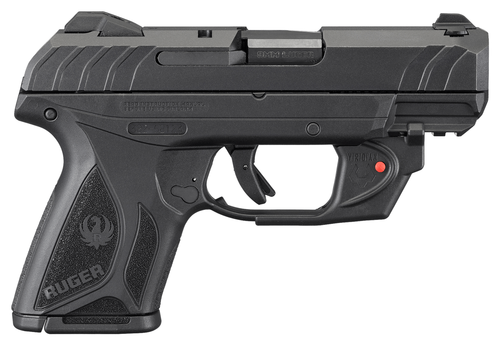 Ruger 3830 Security-9 Compact 9mm Luger  3.42" Barrel 10+1, Black Nylon Grip Frame With Picatinny Acc. Rail, Black Oxide Steel Slide, Manual Safety, Includes Viridian Red Laser