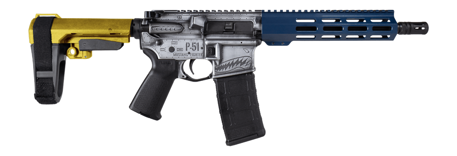 Shark Coast Tactical SCC07442P51-P P-51 Mustang 5.56 NATO 30+1 10.50" Black Nitride Threaded Barrel, Aluminum Receiver w/Picatinny Rail, M-LOK Handguard, Polymer SB Tactical SBA3 Brace, Magpul MOE Gri