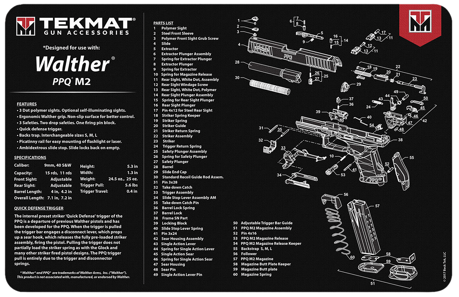 TekMat TEKR17WALPPQM2 Walther PPQ MOD 2 Cleaning Mat Black/White Rubber 11"x17" Walther PPQ MOD 2 Parts Diagram