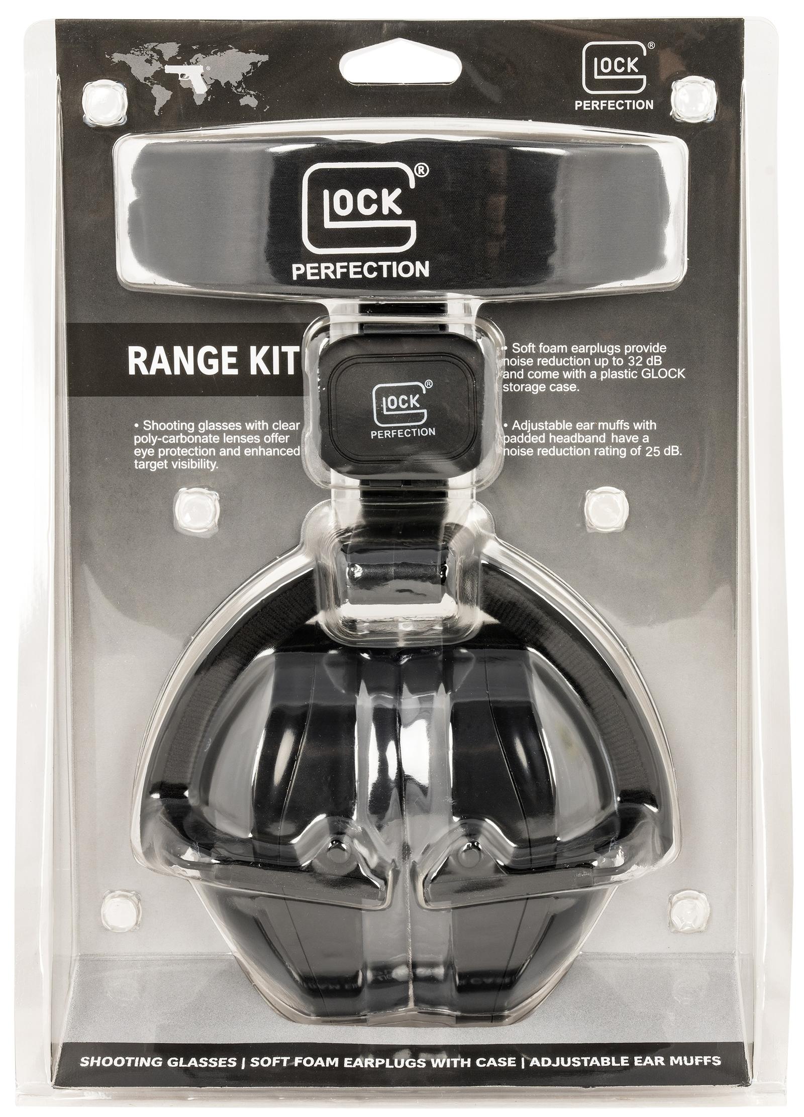 Glock AP60220 Range Kit  25 dB Padded Headband Adjustable Ear Muff, Clear Poly-Carbonate Shooter/Safety Glasses, 32 dB Foam Ear Plugs, Includes Cloth Pouch & Ear Plug Case