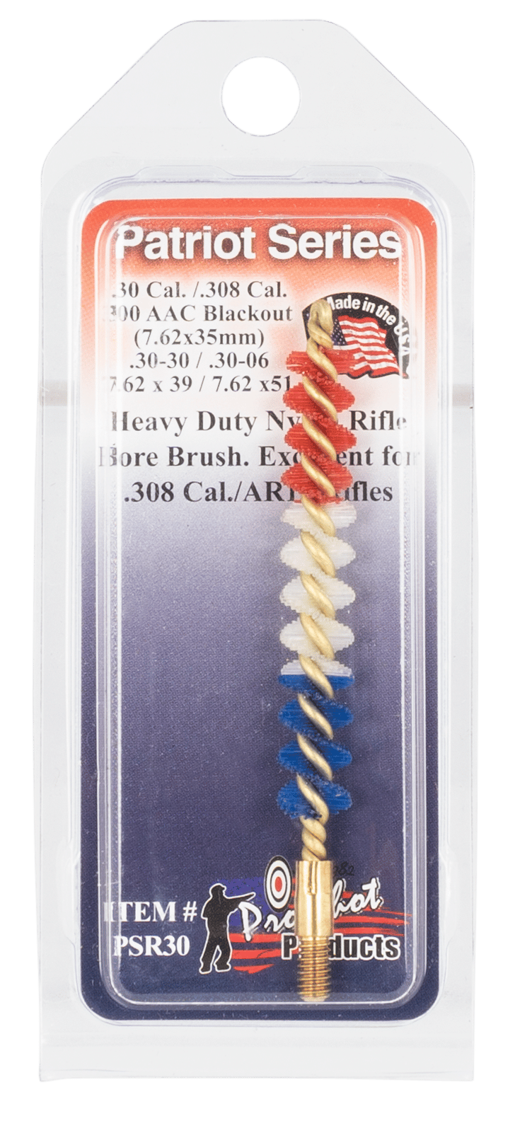 Pro-Shot PSR30 Patriot Series Bore Brush .30/ .308/ .300 Blackout/ 7.62mm Cal Rifle #8-32 Thread Nylon Bristles Brass Core
