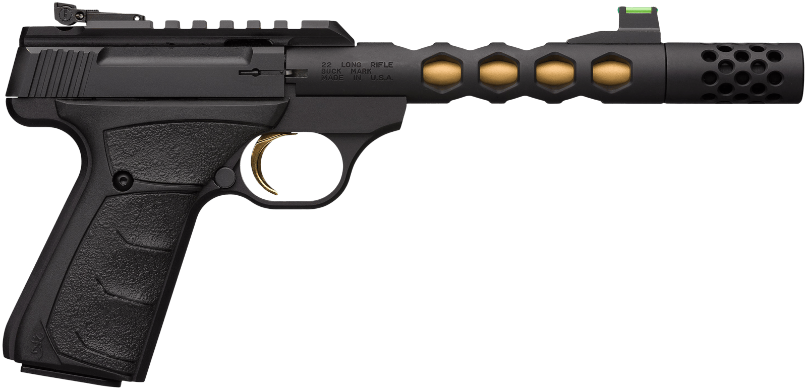 Browning 051573490 Buck Mark Plus Vision SR 22 LR 10+1 5.87" Black Anodized/Gold Cerakote/SR/Threaded Barrel, Matte Black Serrated Steel/Optic Ready Slide & Aluminum Frame Black Ultragrip FX Grip