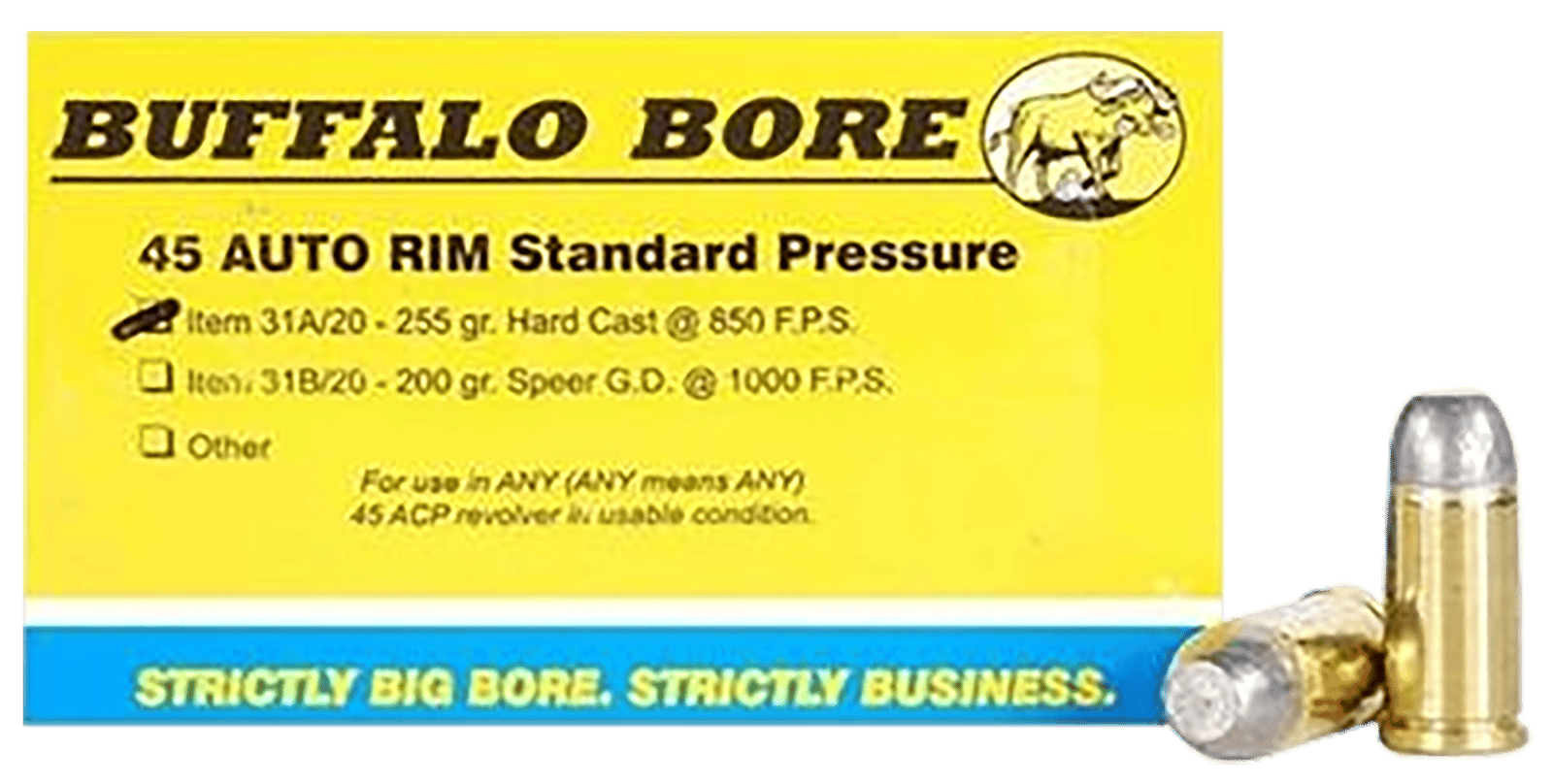 Buffalo Bore Ammunition 31A20 Standard Pressure Strictly Business 45Auto Rim 255gr Hard Cast Flat Nose 20 Per Box/12 Case
