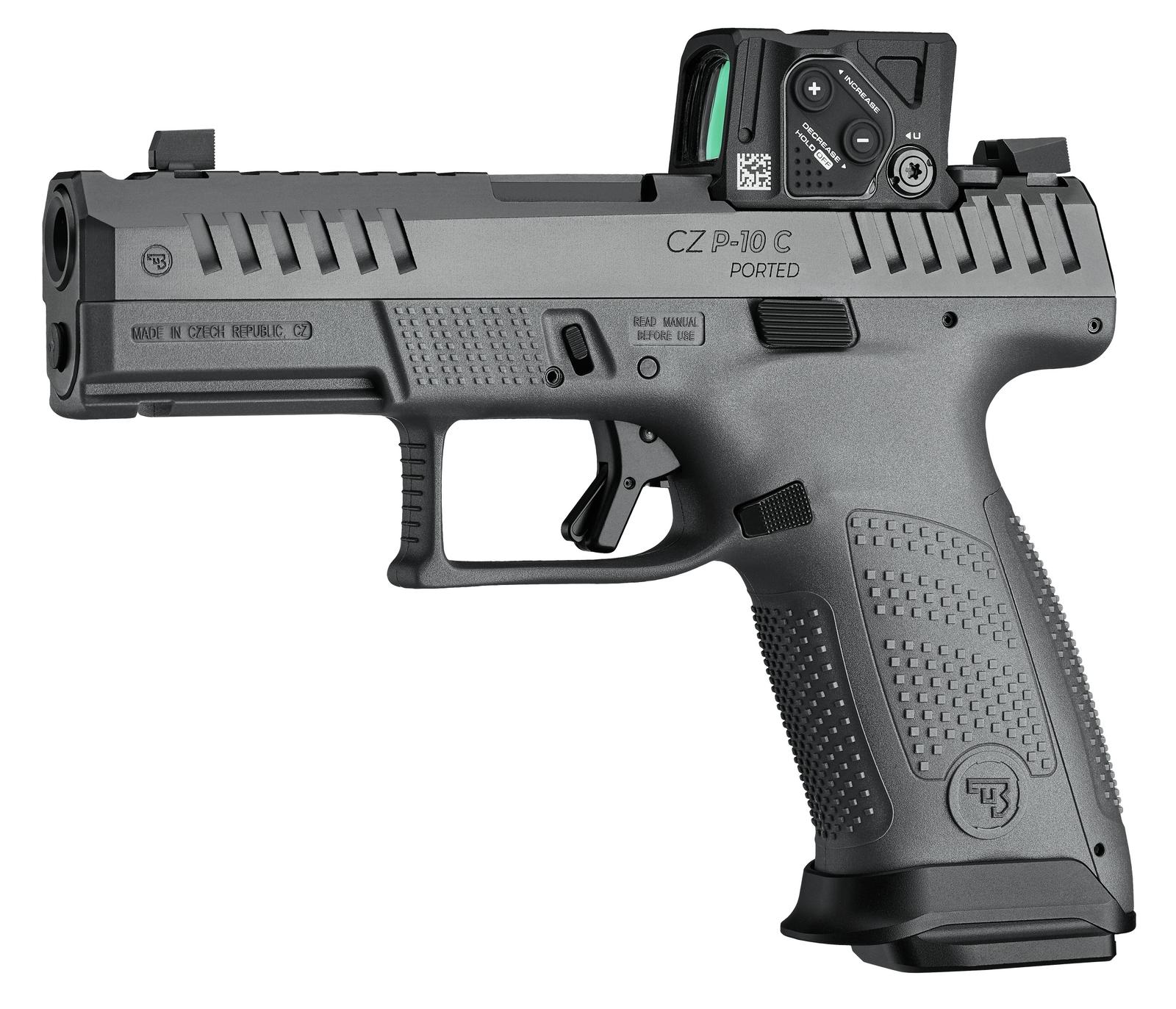 CZ-USA 91582 P-10 C  Compact 9mm Luger 15+1 4" Black Nitride Integral Compensator Barrel, Black Nitride Steel Serrated w/Optic Slide, Black Polymer Frame w/Accessory Rail Textured Grip, Aimpoint COA 3