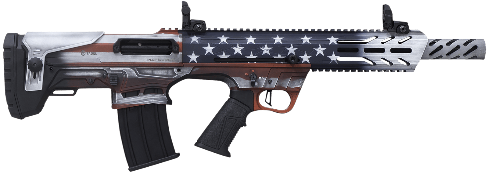 Citadel FRPS1218USA Pup Scout  12 Gauge Semi-Auto 3" 5+1 18.50" Steel Barrel, USA Flag Picatinny Rail Aluminum Receiver, Picatinny Handguards, Adj Cheek Riser Synthetic Stock, Black Polymer Grip
