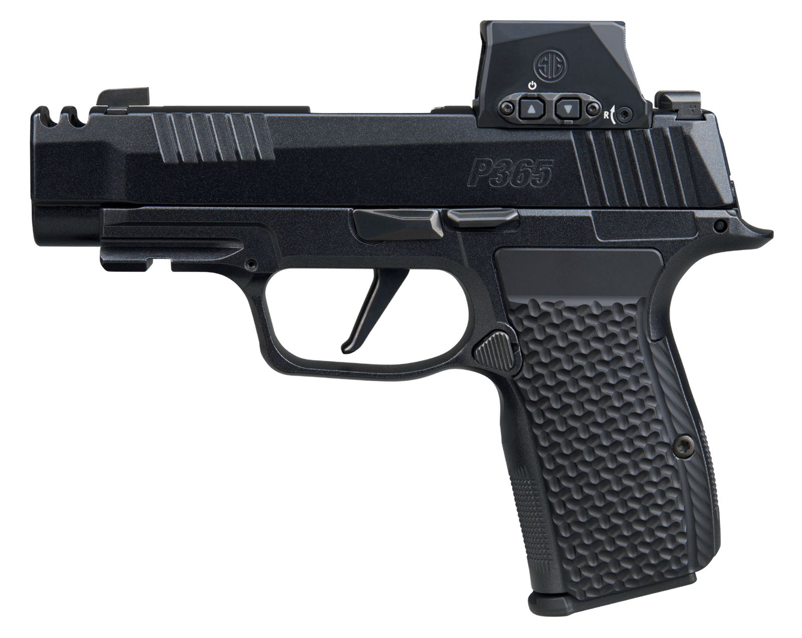 Sig Sauer  P365 AXG LUXE w/Optic Micro-Compact 380 ACP 12+1 3.10" Black Barrel, Black Pearlescent Cerakote Stainless Steel Integrated Compensator/Optic Ready/Serrated Slide, Black Frame w/Picatinny Ra