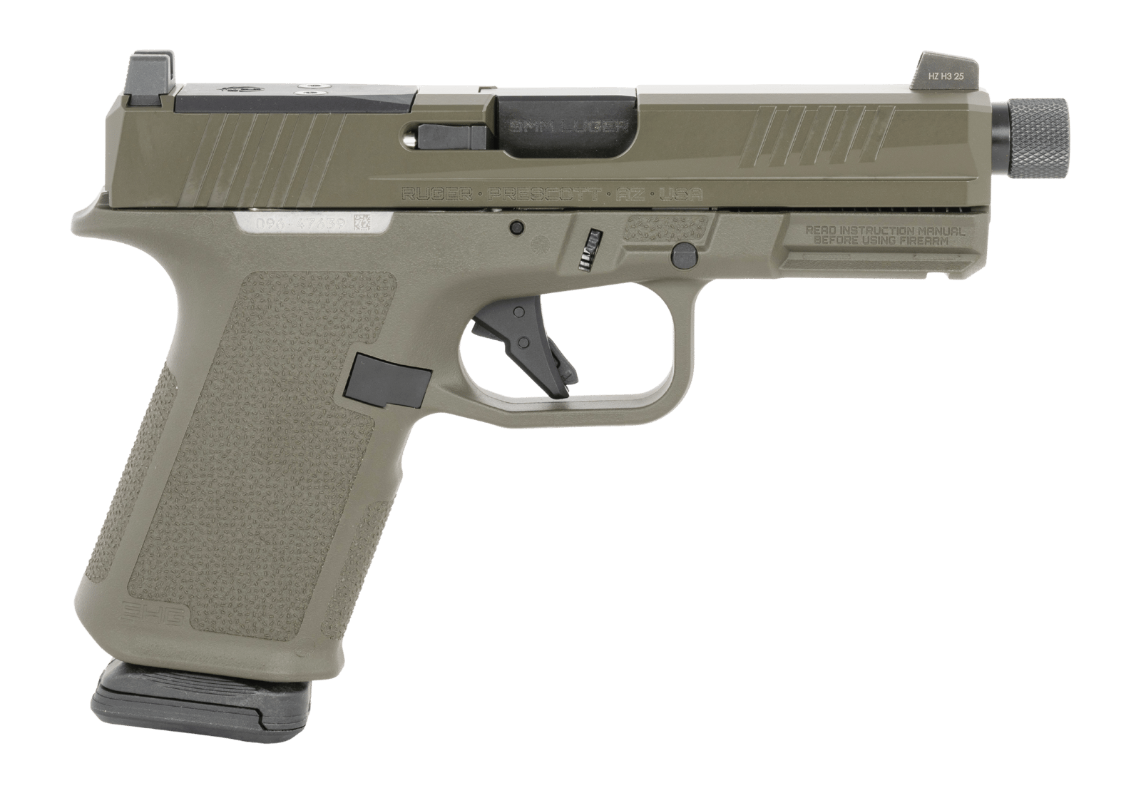 Ruger 19440 RXM  Sports South Exclusive Compact 9mm Luger 15+1 4" Black FNC Nitride Threaded Barrel, OD Green Alloy Steel Optic Ready/Serrated Slide, OD Green Polymer Frame w/Accessory Rail, Textured