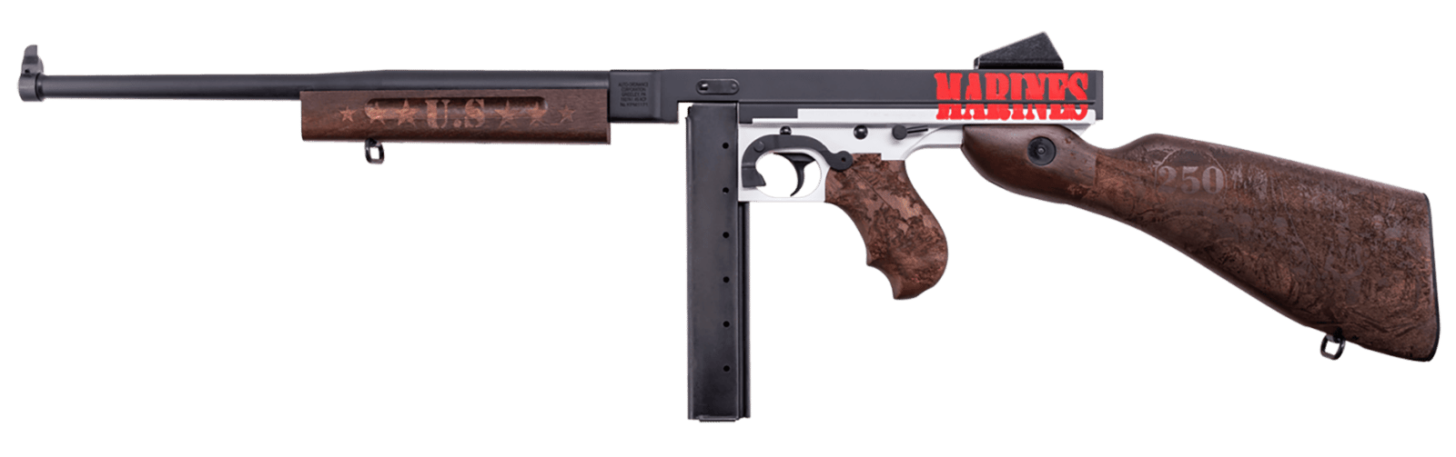 Thompson TM1C6 Marines 250th Anniversary 45 ACP 30+1 16.50" Midnight Blue Cerakote Barrel, Midnight Blue/Stormtrooper White Cerakote Steel Receiver, Engraved Walnut Fixed Stock, Engraved Wood Grip