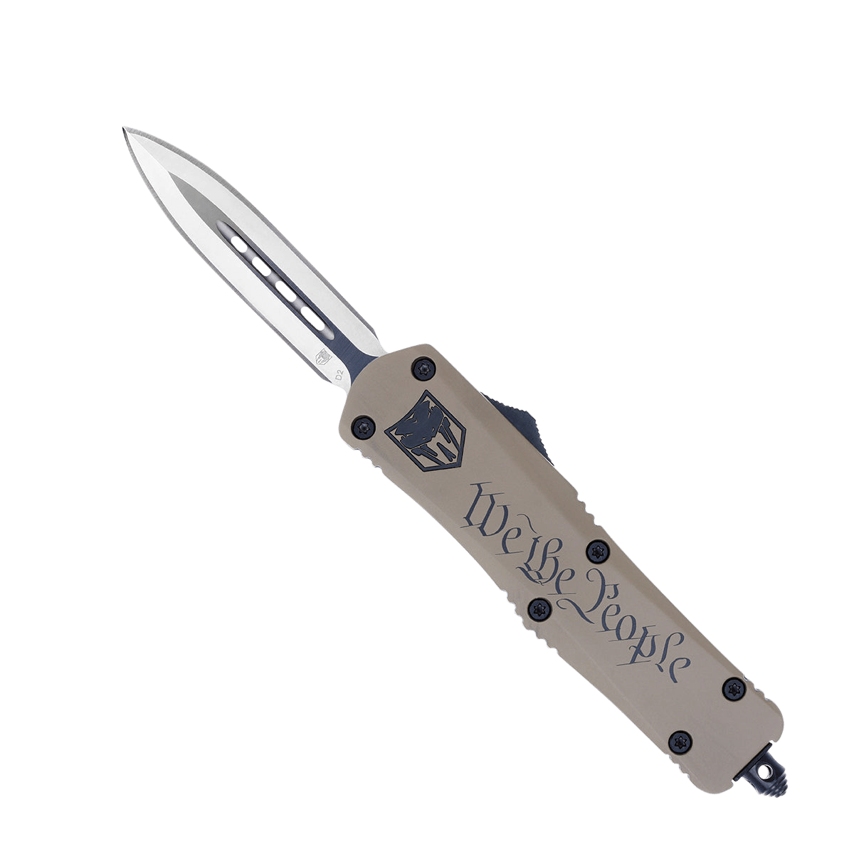 CobraTec Knives MWTPFS3DAGNS We The People  Medium 3" OTF Dagger Plain D2 Steel Blade/Tan w/"We The People" Features Glass Breaker Includes Pocket Clip