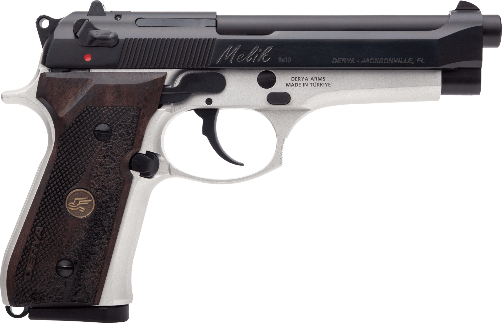 Derya Firearms MELIK9TTTR Melik  9mm Luger 17+1 4.90" Black Melonite Steel Barrel, Black Melonite Serrated Steel Slide, Silver Anodized Aluminum Frame, Dark Walnut Grip