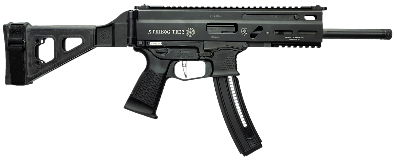 Grand Power 197892004817 TR22 Stribog 22 LR 25+1 10" Black Threaded Barrel, Black Hardcoat Anodize Receiver w/Picatinny Rail, Black SB Tactical Brace, Black Polymer Grip, Ambidextrous