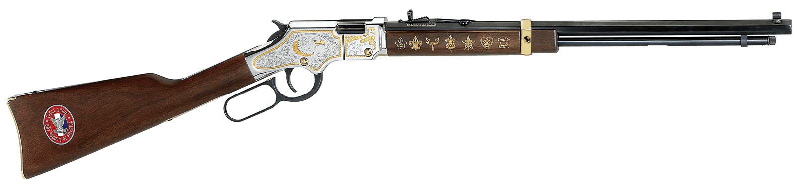 Henry H004ES2 Golden Boy Eagle Scout Tribute 2nd Edition 22 S/L/LR 16+1 20" Blued Octagon Barrel, Nickel Plated w/Selective 24kt Gold Plating Drilled & Tapped Receiver, American Walnut Straight