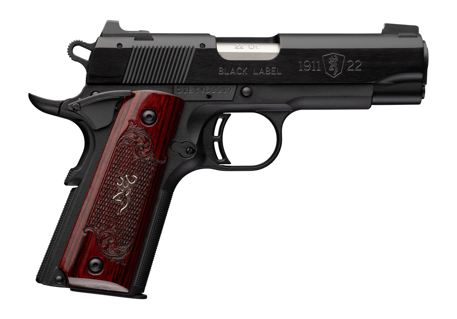 Browning 051070490 1911 Black Label Medallion Compact 22 LR 10+1 3.63" Matte Stainless Barrel, Black Anodized Aluminum Serrated Slide, Matte Black Polymer Frame w/Beavertail, Rosewood w/Gold BuckMark