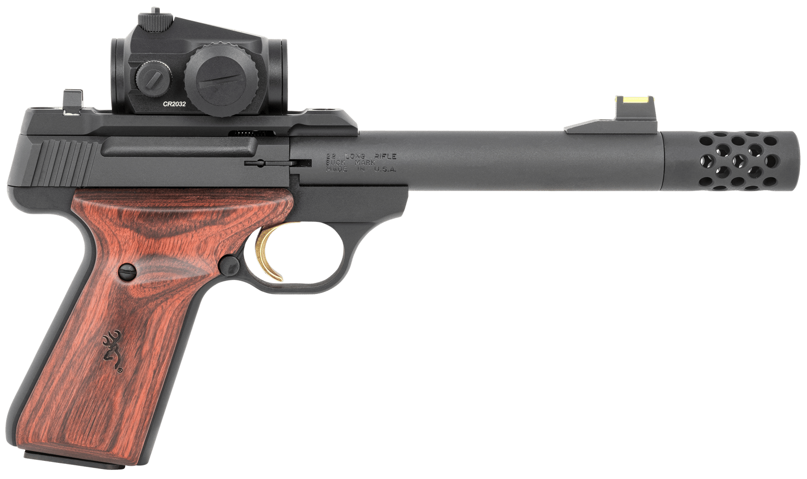 Browning 051580490 Buck Mark Hunter 22 LR 10+1 5.90" Bull/Threaded/Muzzle Brake Barrel, Matte Black Serrated Steel Slide & Aluminum Frame Laminate Cocobolo Grips, Vortex Crossfire Red Dot