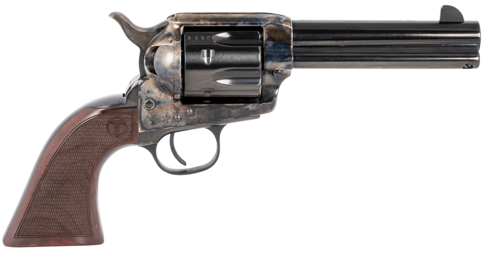 Taylors & Company 550812 Smoke Wagon  45 Colt (LC) Caliber with 4.75" Blued Finish Barrel, 6rd Capacity Blued Finish Cylinder, Color Case Hardened Finish Steel Frame & Checkered Walnut Grip