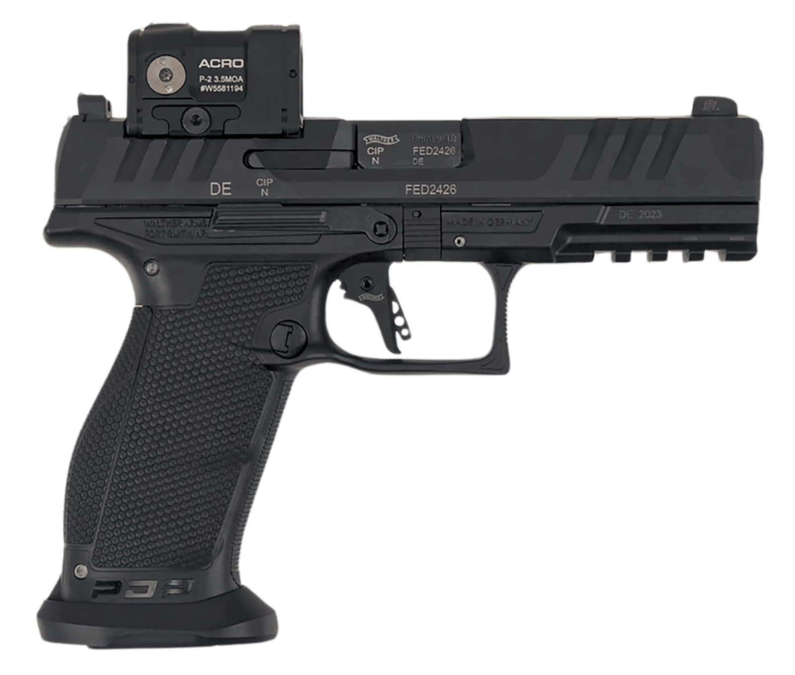Walther Arms 2881225PRO PDP w/Optic Full Size Frame 9mm Luger 18+1 4.50" Polygonal Rifling Barrel Black Optic Ready/Serrated Steel Slide Black Polymer Frame w/Picatinny Rail, Aimpoint Acro Red Dot