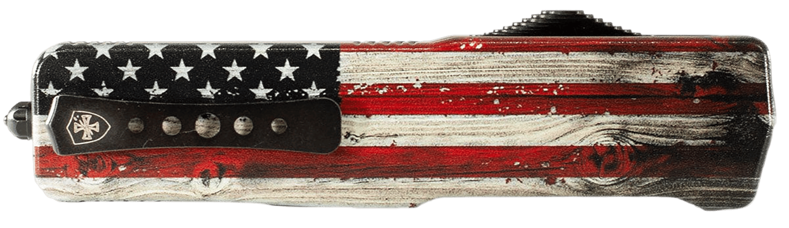 Templar Knife MZWUS121 Premium Weighted  Small 3" OTF Dagger Plain Black Oxide Stonewashed Powder Coated D2 Steel Blade, 4.50" Painted Wood Grain US Flag Aluminum Zinc Alloy Handle
