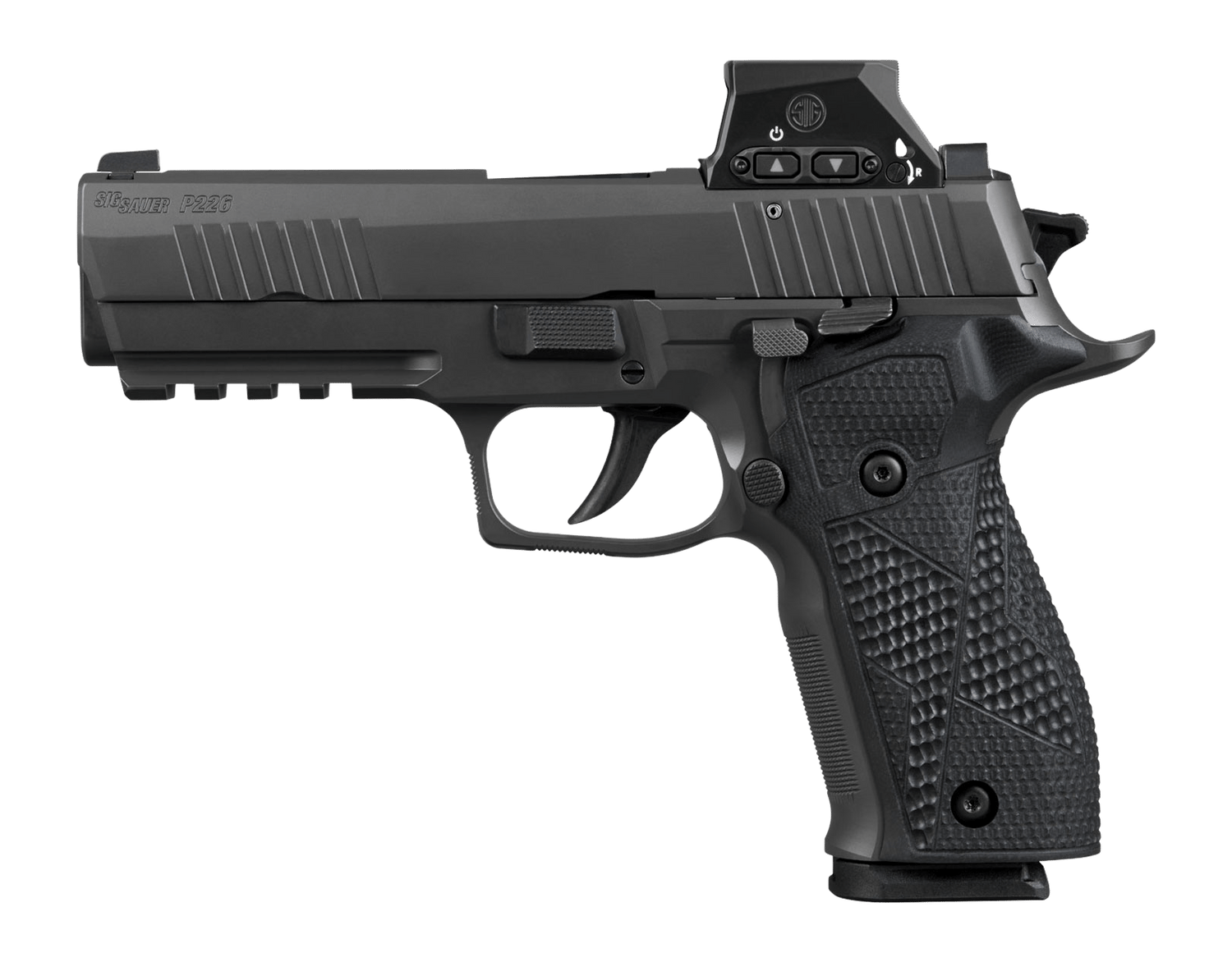 Sig Sauer 226X9RXSL10 P226 w/Optic Full Size 9mm Luger 10+1 4.40" Black Bull Barrel. Matte Black DLC Stainless Steel Serrated w/Optic Slide. Black Anodized Alloy Frame w/Picatinny Rail. Black Hogue G1