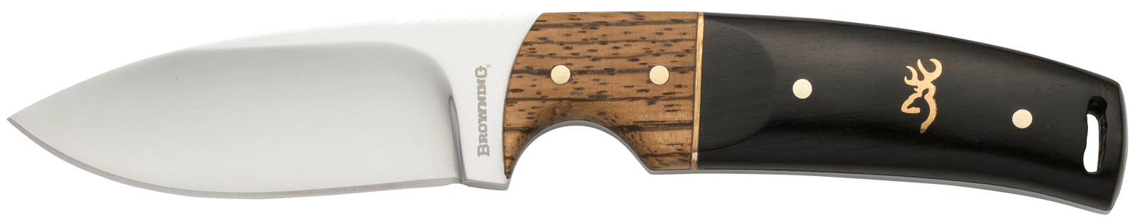 Browning 3220271 Buckmark Hunter EDC 3.13" Fixed Drop Point, Plain Mirror Polished 8Cr14MoV SS Blade, Black/Zebra Finger Grooved w/Brass Accents Hardwood Handle, Includes Sheath