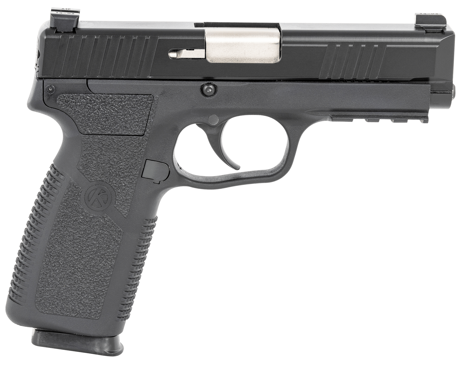 Kahr Arms TP90S94N TP9-2  9mm Luger Caliber with 4" Barrel, 8+1 Capacity, Black Finish Picatinny Rail Frame, Serrated Matte Black Stainless Steel Slide, Textured Polymer Grip & TruGlo Night Sights