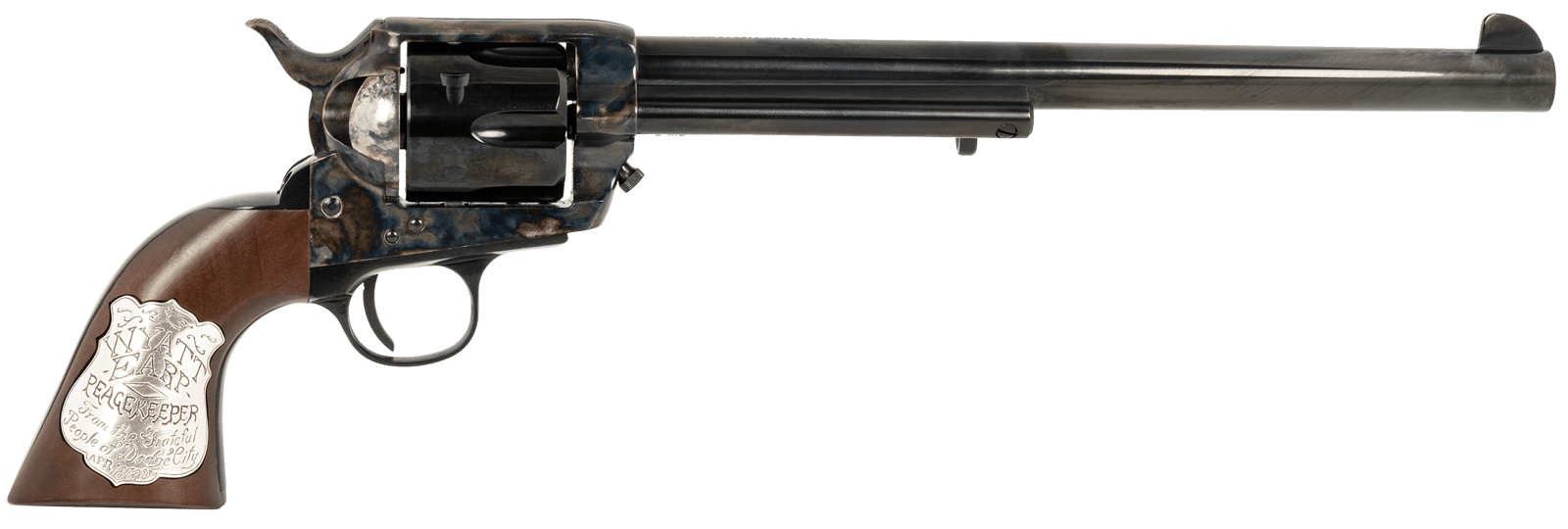 Cimarron PP558 Buntline  45 LC (Long Colt) 6 Shot 10" Blued Frame, Barrel & Cylinder, Walnut w/Inlaid Silver Medallion Grip