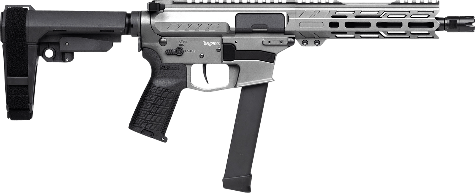 CMMG 99A520FTNG Banshee FE MkGs 9mm Luger 33+1 8" Black Nitride Threaded Barrel, M-LOK Handguard, Tungsten Cerakote Aluminum Receiver w/Picatinny Rail, Black Polymer CMMG RipBrace, CMMG Zeroed Grip