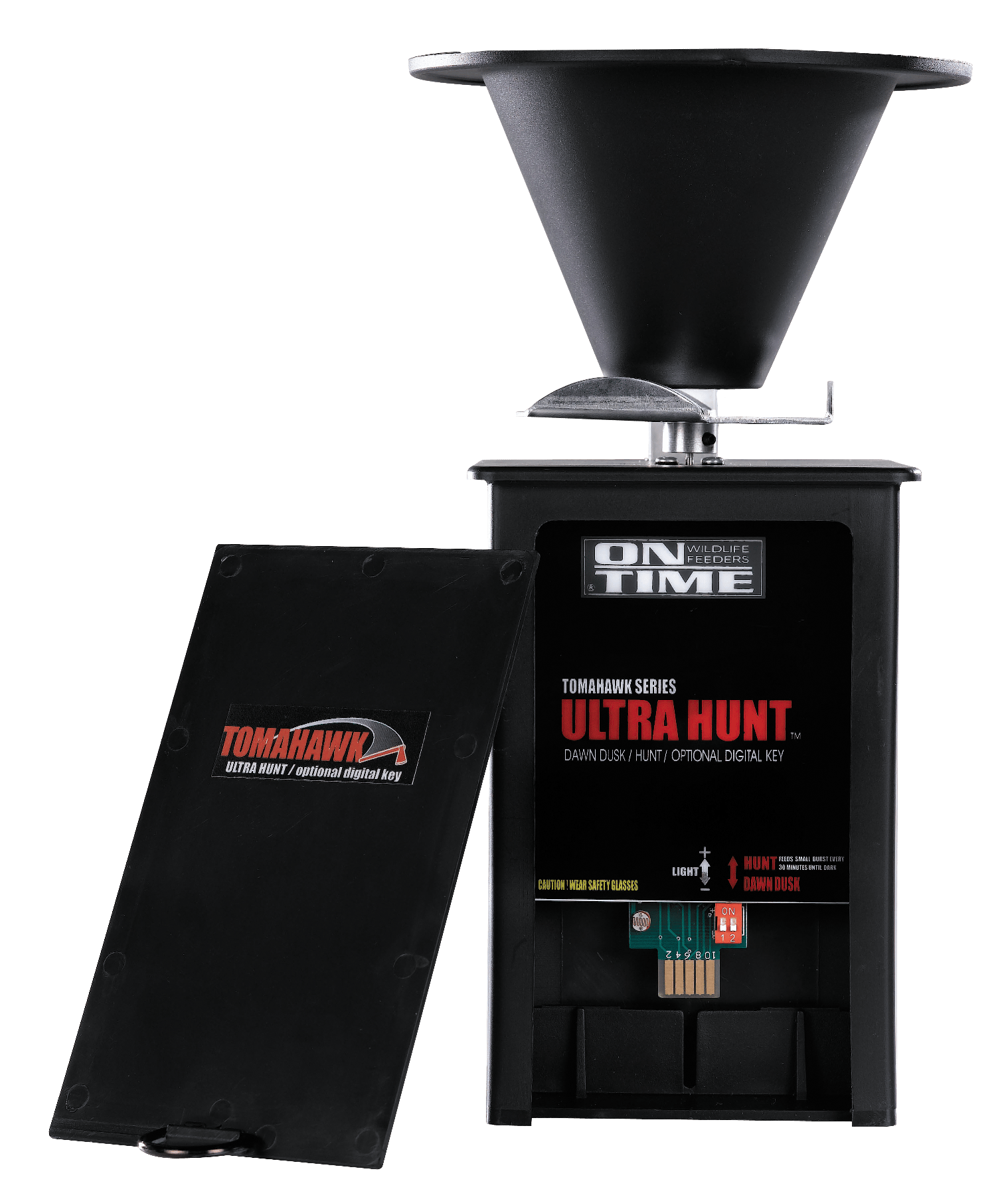 On Time 43005 Tomahawk Ultra Hunt Feeder Black Waterproof High-Impact Composite, Heavy Duty Motor, Dawn-Dusk Mode Operation, 4 Feed Times with 1-20 Second Duration, Universal Mount