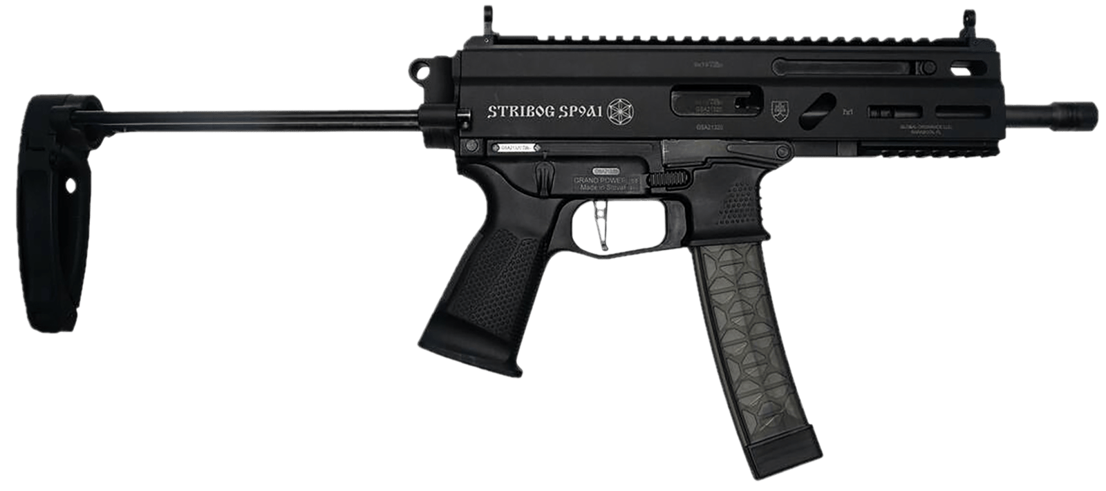Grand Power 850003223131 SP9A1 Stribog 9mm Luger 30+1 8" Black Threaded Barrel, M-LOK Handguard, Black Aluminum Picatinny Rail Receiver, Black PDW Tailhook Brace, Black Polymer Grip, Thread Protector