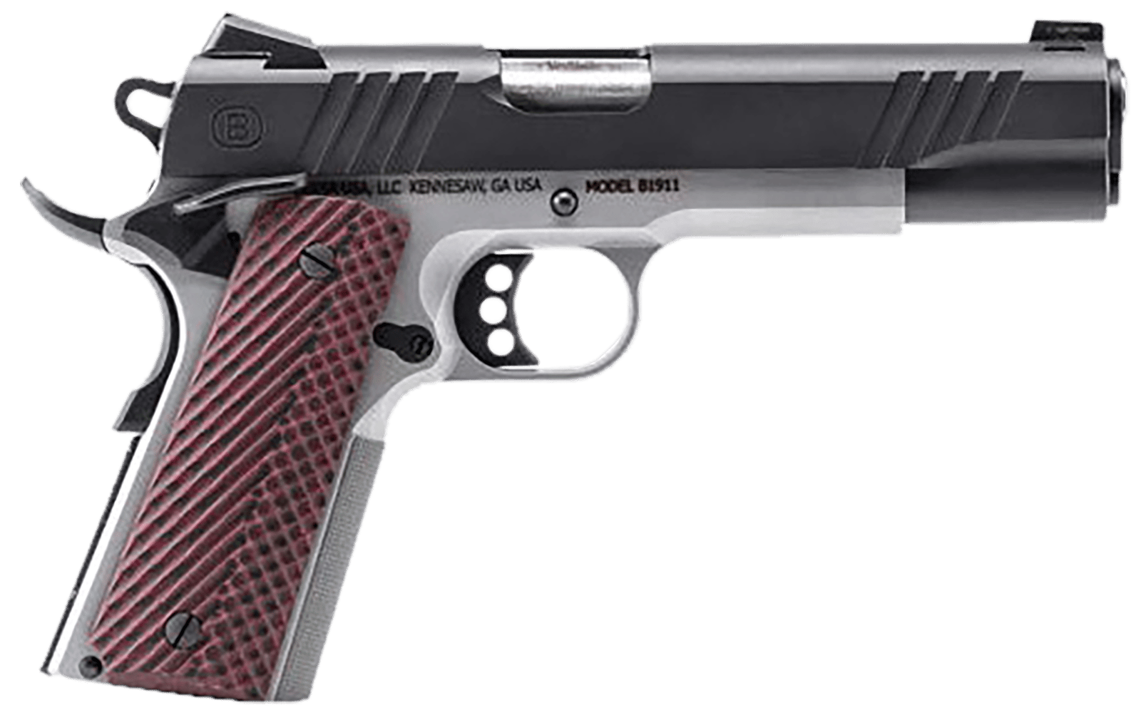 Bersa B19117050BMBC B1911  Full Size Frame 45 ACP 8+1 5" Stainless Steel Barrel, Stainless Serrated Steel Slide, Black Stainless Steel Frame w/Beavertail, Rosewood Grip, Ambidextrous