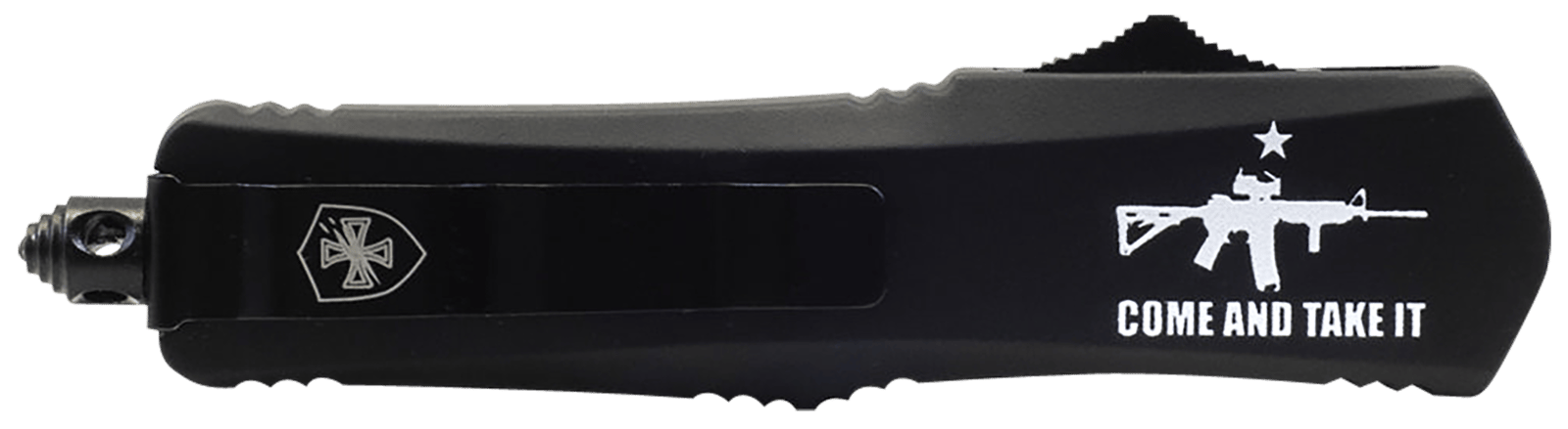 Templar Knife SAR15531 Gen II Come And Take It Small 2.69" OTF Tanto Part Serrated Black Oxide 440C SS Blade, 4.31" Black w/ "Come And Take It" AR-15 Gun Aluminum Handle, Glass Breaker