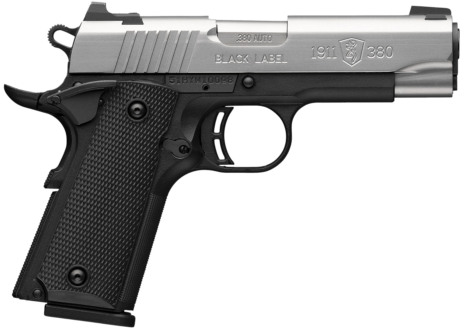 Browning 051119492 1911 Black Label Compact 380 ACP 8+1 3.63" Stainless Steel Barrel, Satin Stainless Steel Serrated Slide, Matte Black Polymer Frame, Black Polymer Grip