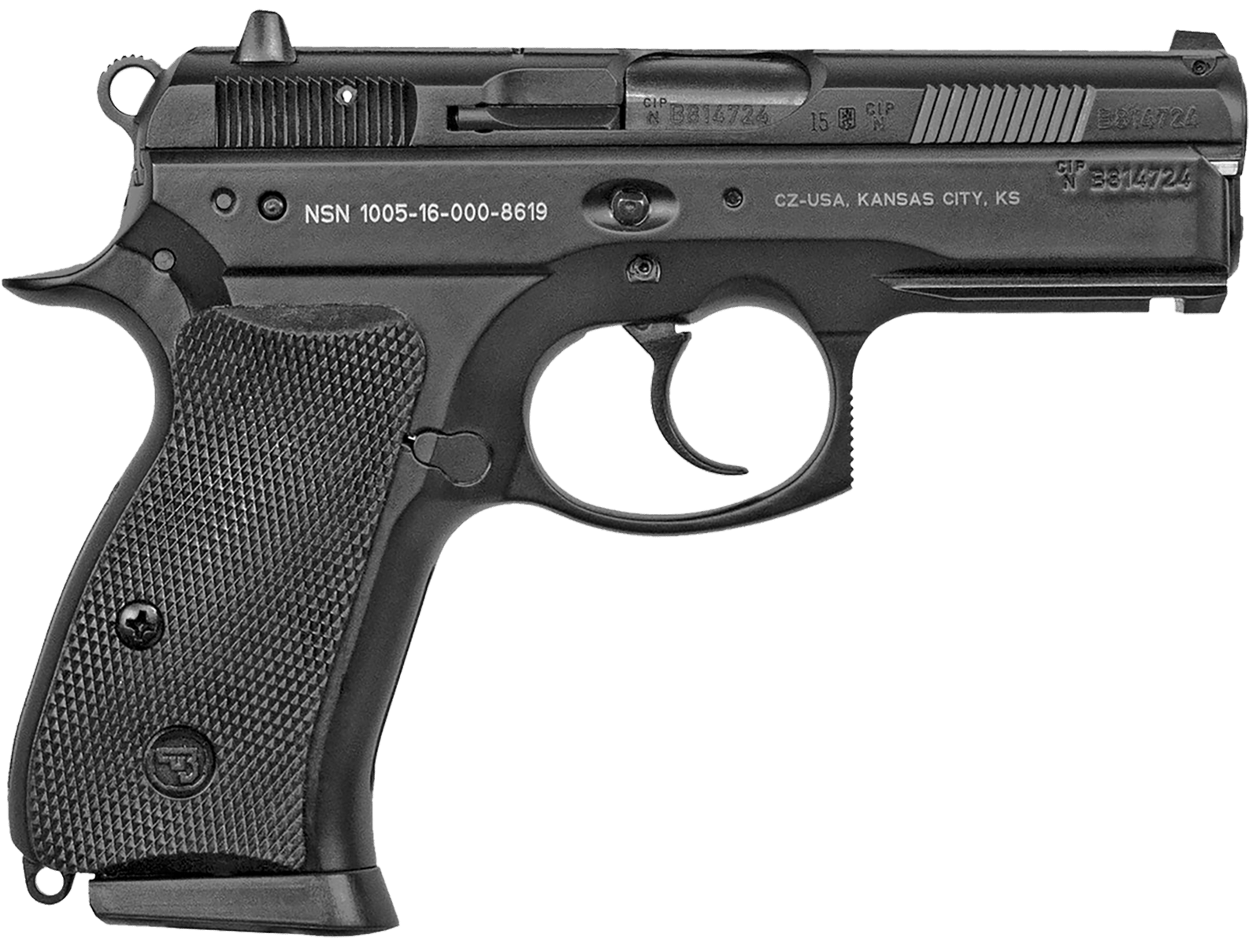 CZ-USA 01199 P-01 Compact Compact Frame 9mm Luger 10+1, 3.75" Blued Steel Barrel, Black Serrated Steel Slide, Black Polycoat Aluminum Frame w/Beavertail, Black Rubber Grip
