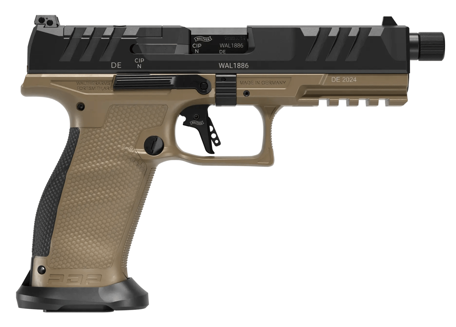 Walther Arms 2871955 PDP Pro SD Full Size 9mm Luger 10+1 5.10" Black Threaded Barrel, Black Optic Ready/Serrated Slide, Flat Dark Earth Polymer Frame w/Picatinny Rail, Textured Polymer Grip